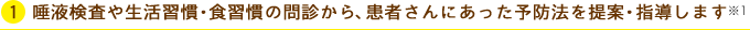 唾液検査や生活習慣・食習慣の問診から、患者さんにあった予防法を提案・指導します※1